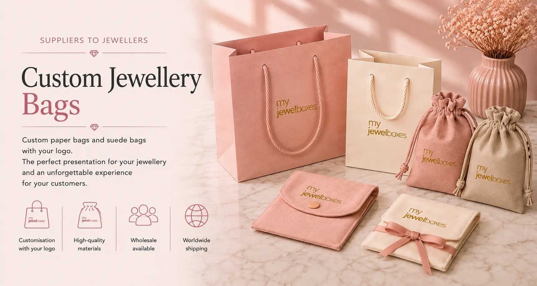 Custom jewellery bags in paper and suede fabric with logo printing for jewellers MyJewelBoxes